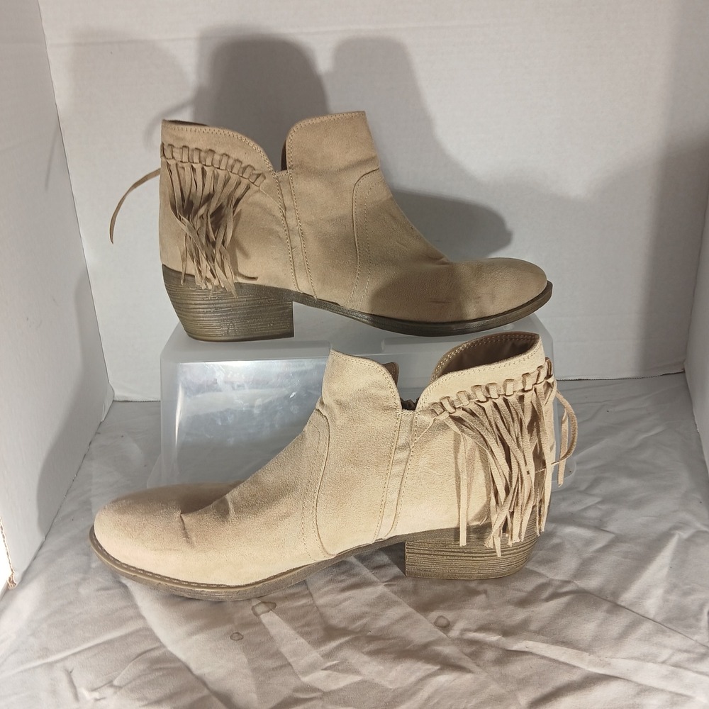 American Eagle Fringe Ankle Booties 13 Tan Boho Western Suede Block Heel Boots - Picture 2 of 10